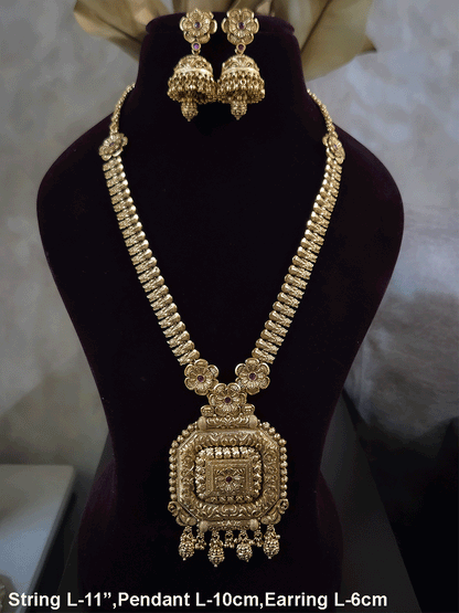 Square self design ruby stone flower pendant 11" long leaf string set with matar bead drops