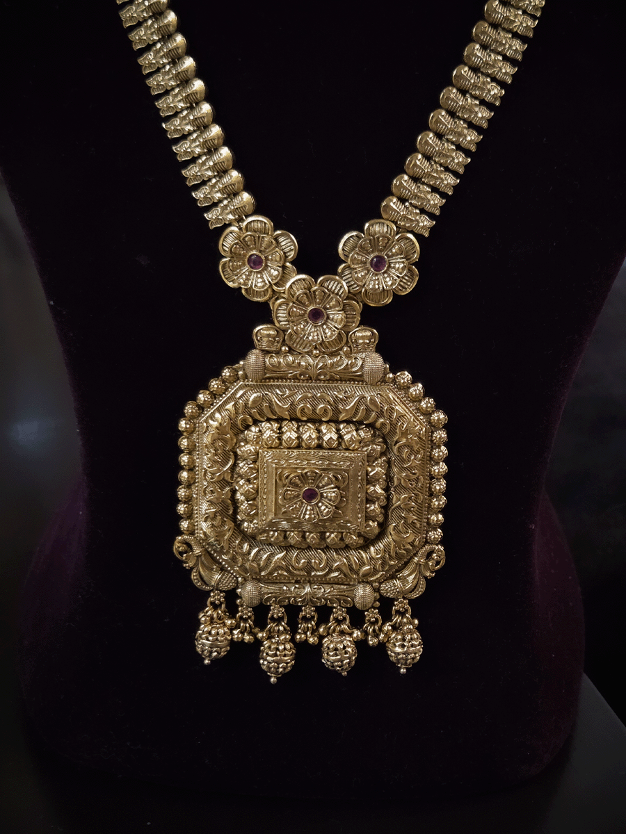 Square self design ruby stone flower pendant 11" long leaf string set with matar bead drops