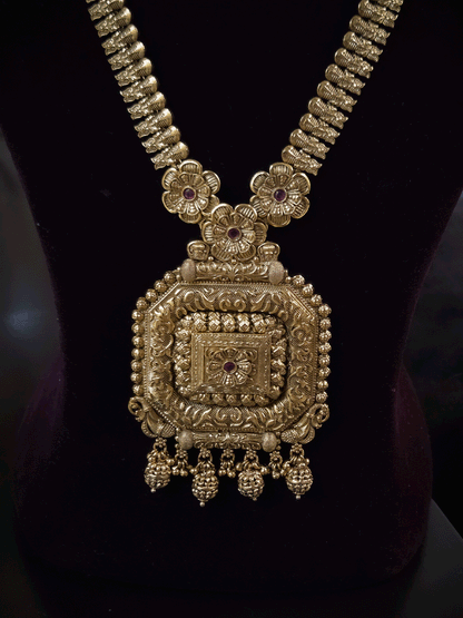 Square self design ruby stone flower pendant 11" long leaf string set with matar bead drops