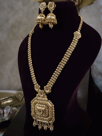 Square self design ruby stone flower pendant 11" long leaf string set with matar bead drops
