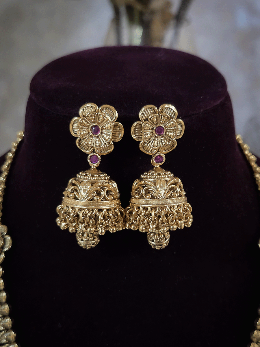 Square self design ruby stone flower pendant 11" long leaf string set with matar bead drops