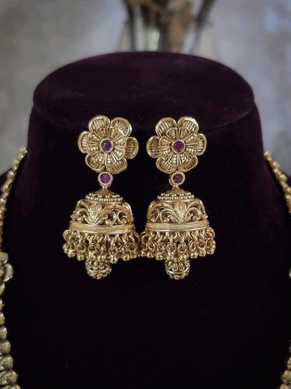 Square self design ruby stone flower pendant 11" long leaf string set with matar bead drops