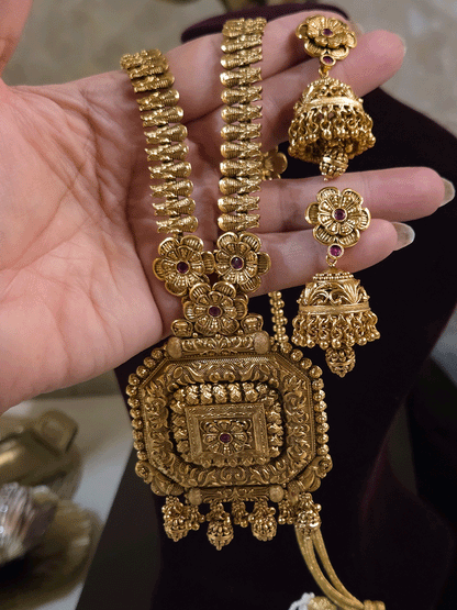 Square self design ruby stone flower pendant 11" long leaf string set with matar bead drops