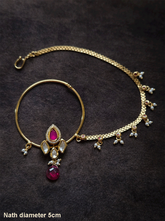 Tear drop ruby stone with AD outline and kundan with ruby drop 5cm nath with chain with pearl hangings