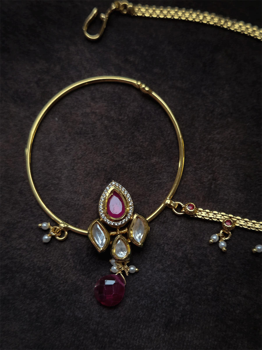 Tear drop ruby stone with AD outline and kundan with ruby drop 5cm nath with chain with pearl hangings