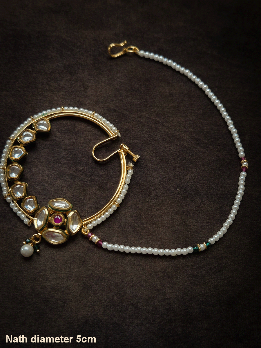 Four leaf kundan flower with ruby stone 5.5cm diameter nath with pearl pirohi