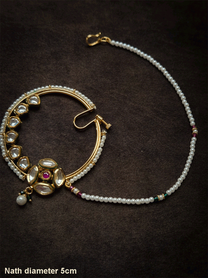 Four leaf kundan flower with ruby stone 5.5cm diameter nath with pearl pirohi