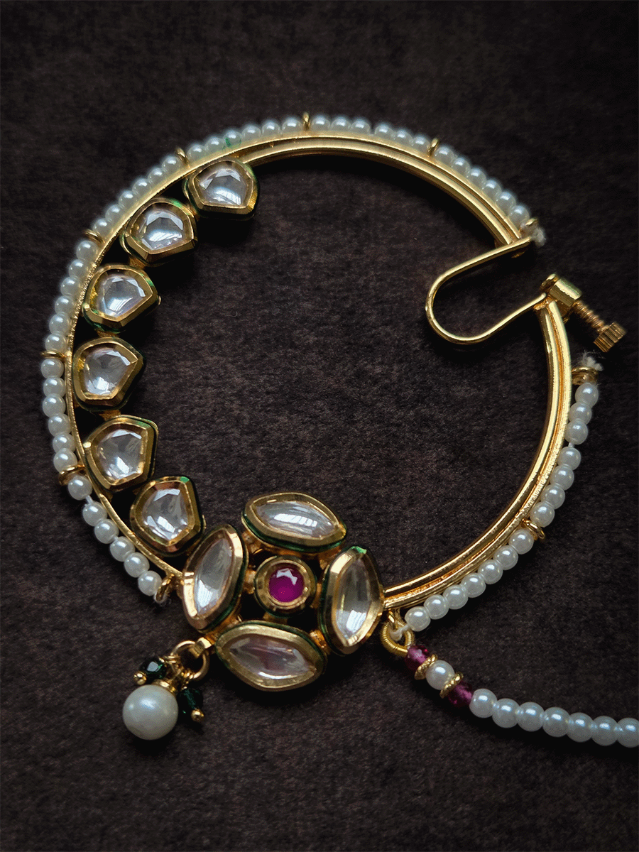 Four leaf kundan flower with ruby stone 5.5cm diameter nath with pearl pirohi