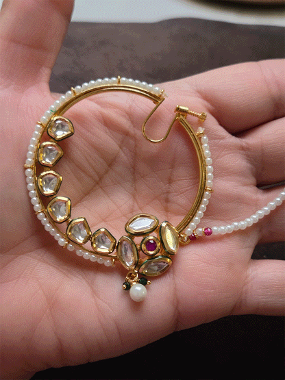 Four leaf kundan flower with ruby stone 5.5cm diameter nath with pearl pirohi