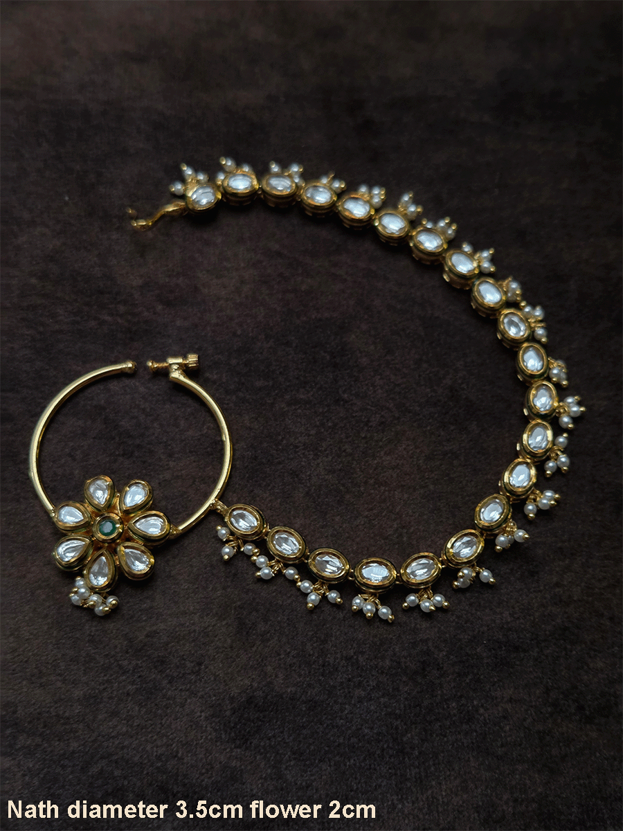 Kundan flower with coloured stone 3.5cm diameter nath with oval kundan chain with pearly hangings
