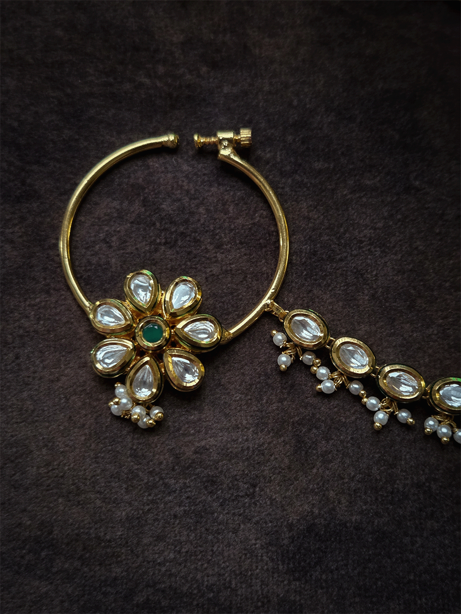 Kundan flower with coloured stone 3.5cm diameter nath with oval kundan chain with pearly hangings