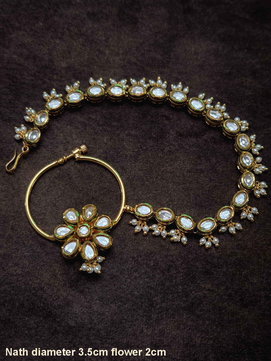 Kundan flower with coloured stone 3.5cm diameter nath with oval kundan chain with pearly hangings