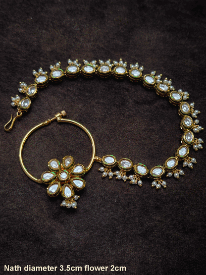 Kundan flower with coloured stone 3.5cm diameter nath with oval kundan chain with pearly hangings