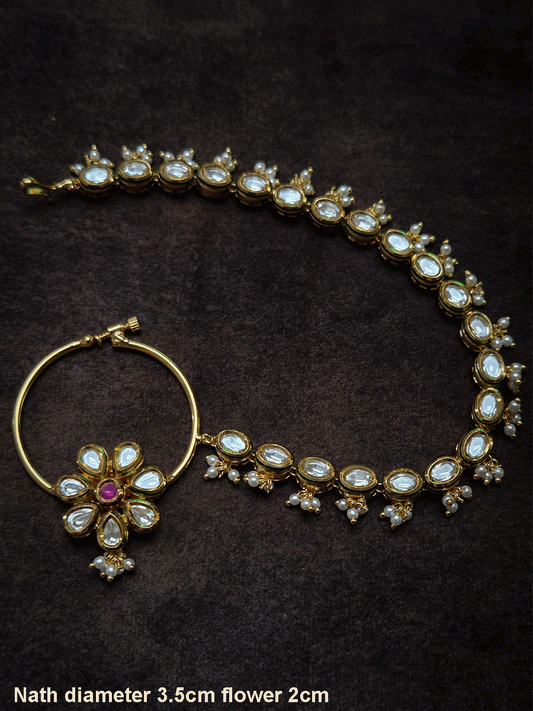 Kundan flower with coloured stone 3.5cm diameter nath with oval kundan chain with pearly hangings