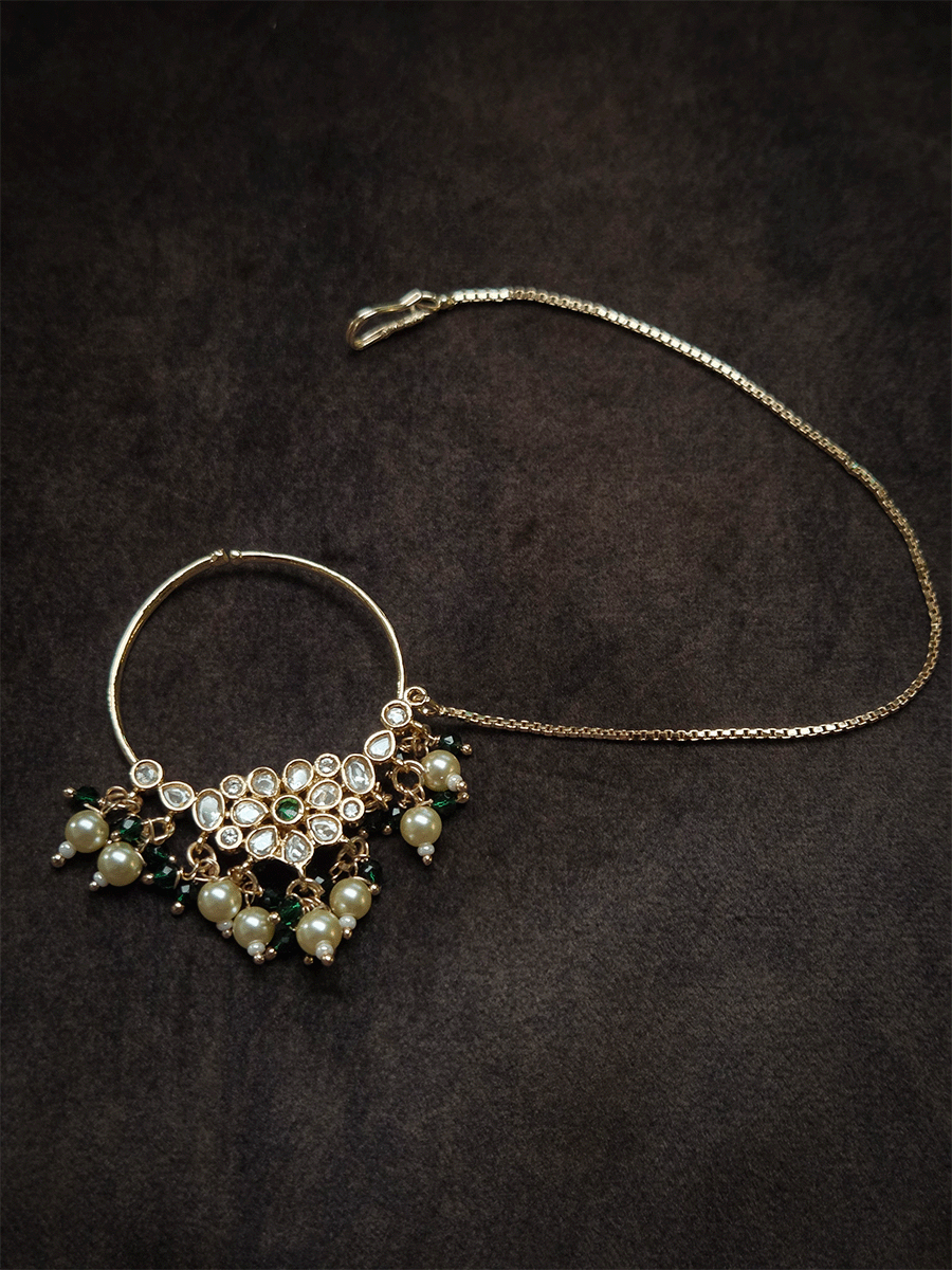 Polki flower with coloured center stone 4cm diameter Nath with pearl hangings