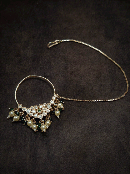 Polki flower with coloured center stone 4cm diameter Nath with pearl hangings