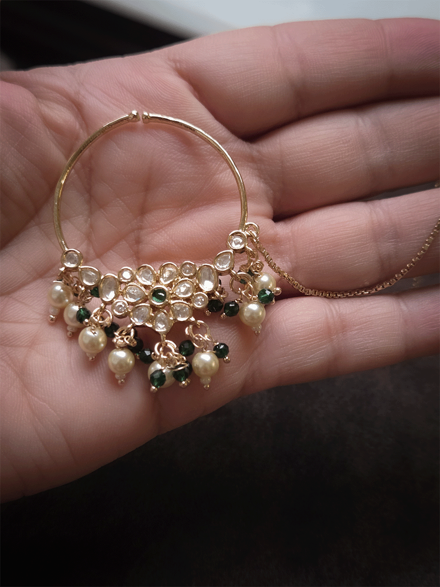 Polki flower with coloured center stone 4cm diameter Nath with pearl hangings