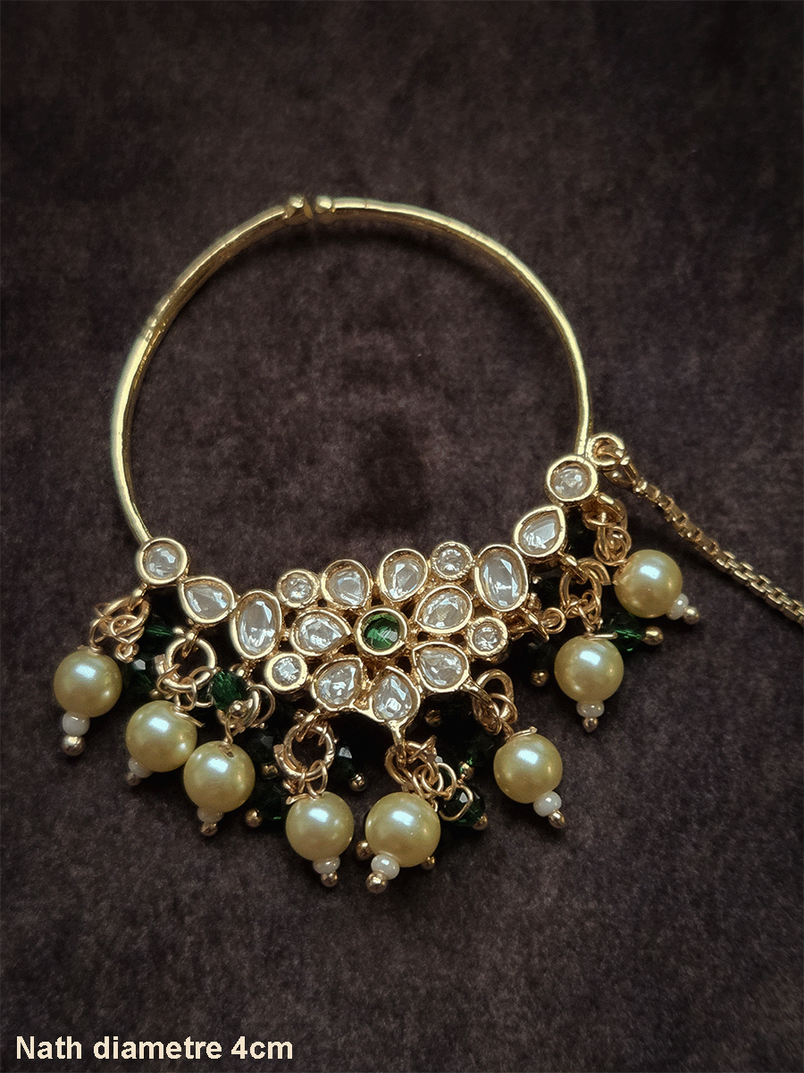 Polki flower with coloured center stone 4cm diameter Nath with pearl hangings