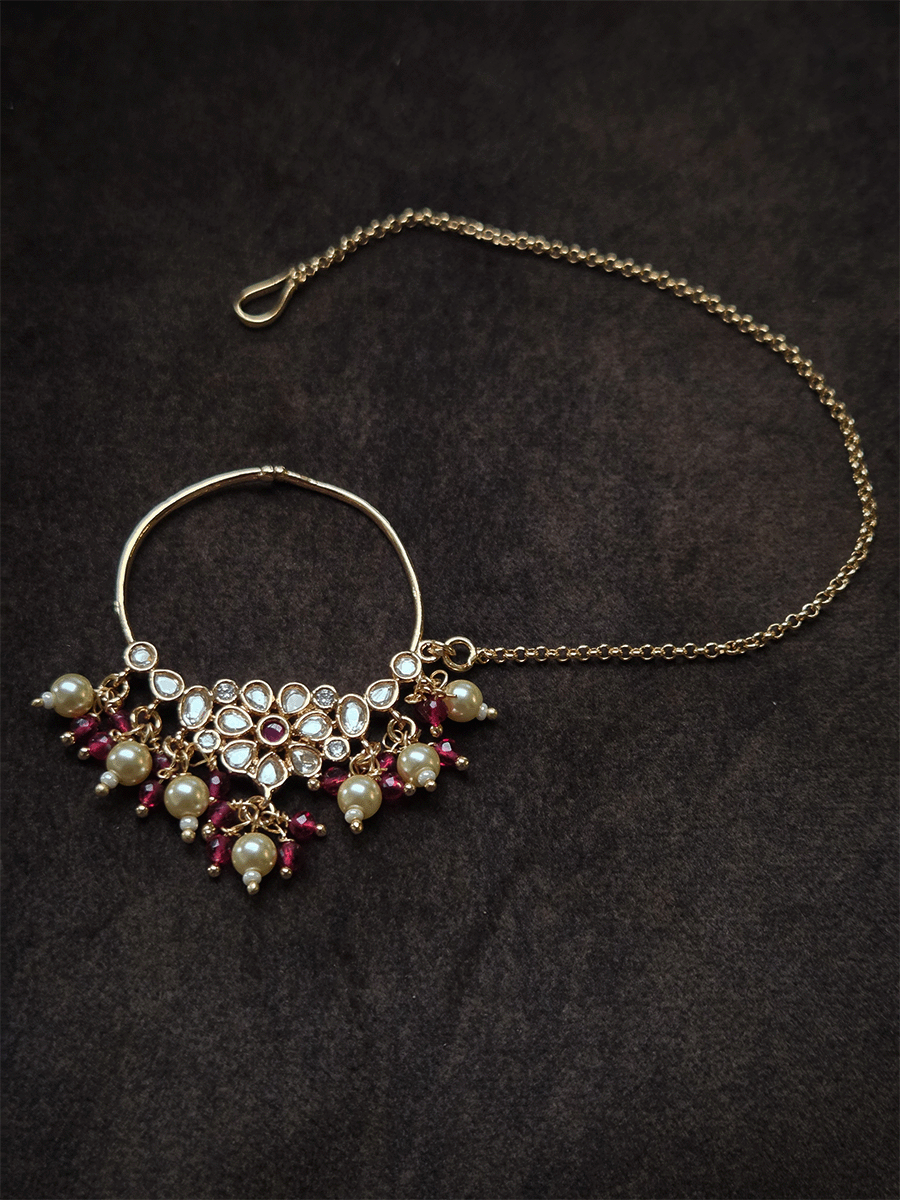 Polki flower with coloured center stone 4cm diameter Nath with pearl hangings