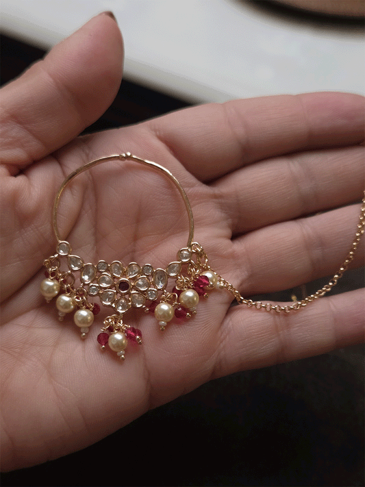 Polki flower with coloured center stone 4cm diameter Nath with pearl hangings