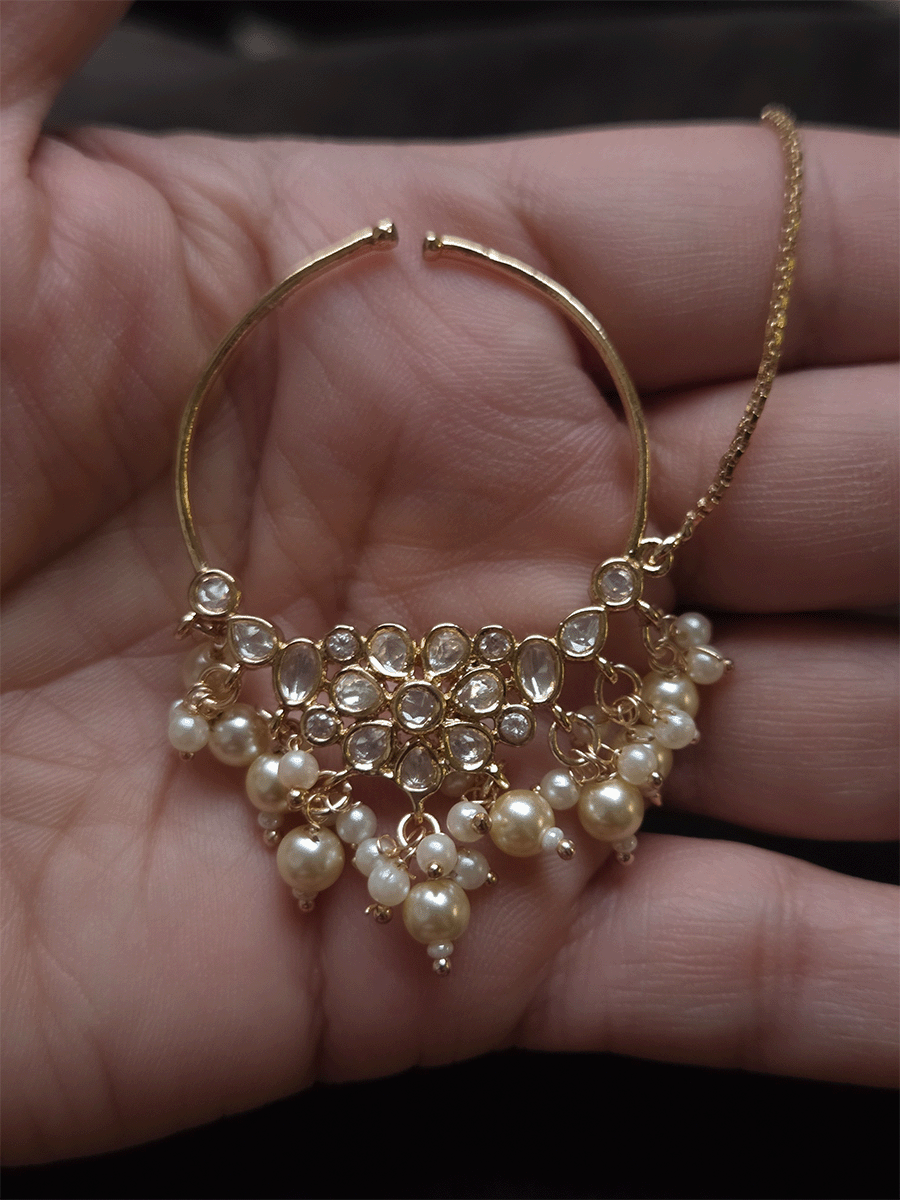 Polki flower with coloured center stone 4cm diameter Nath with pearl hangings