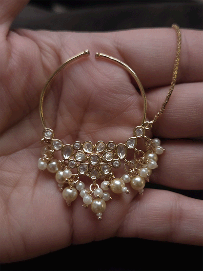 Polki flower with coloured center stone 4cm diameter Nath with pearl hangings