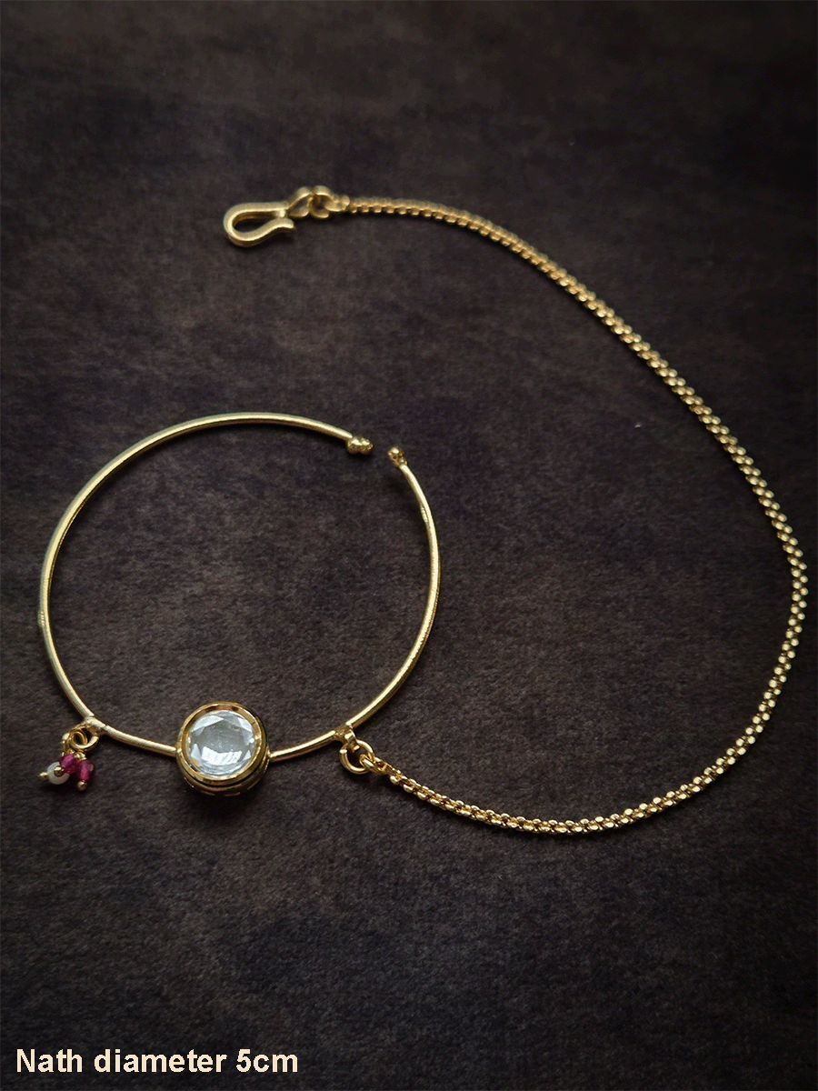 5cm diameter round kundan simple gold ring nath with pearl chain