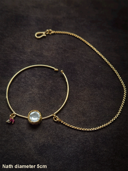 5cm diameter round kundan simple gold ring nath with pearl chain