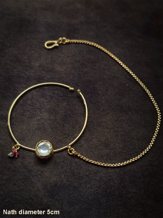 5cm diameter round kundan simple gold ring nath with pearl chain