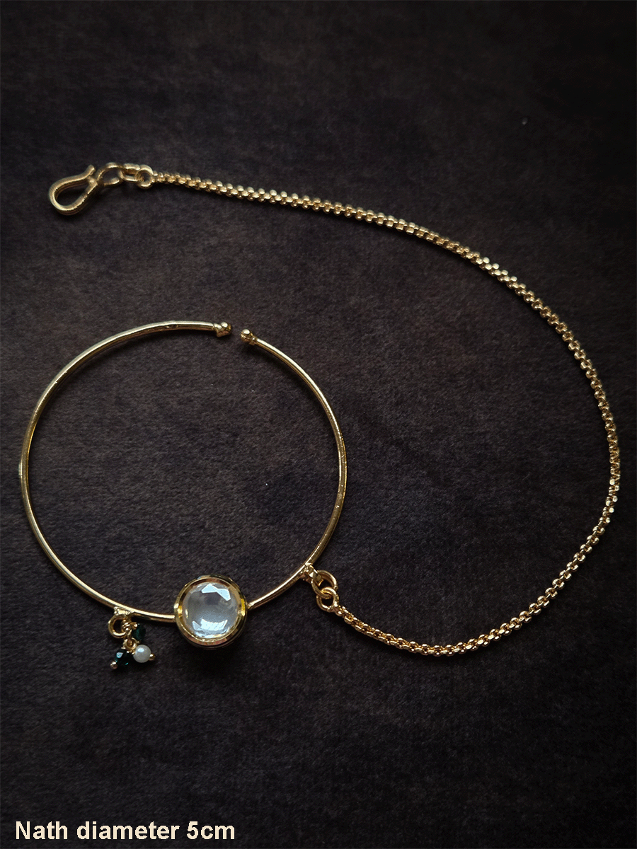 5cm diameter round kundan simple gold ring nath with pearl chain