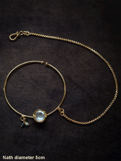 5cm diameter round kundan simple gold ring nath with pearl chain