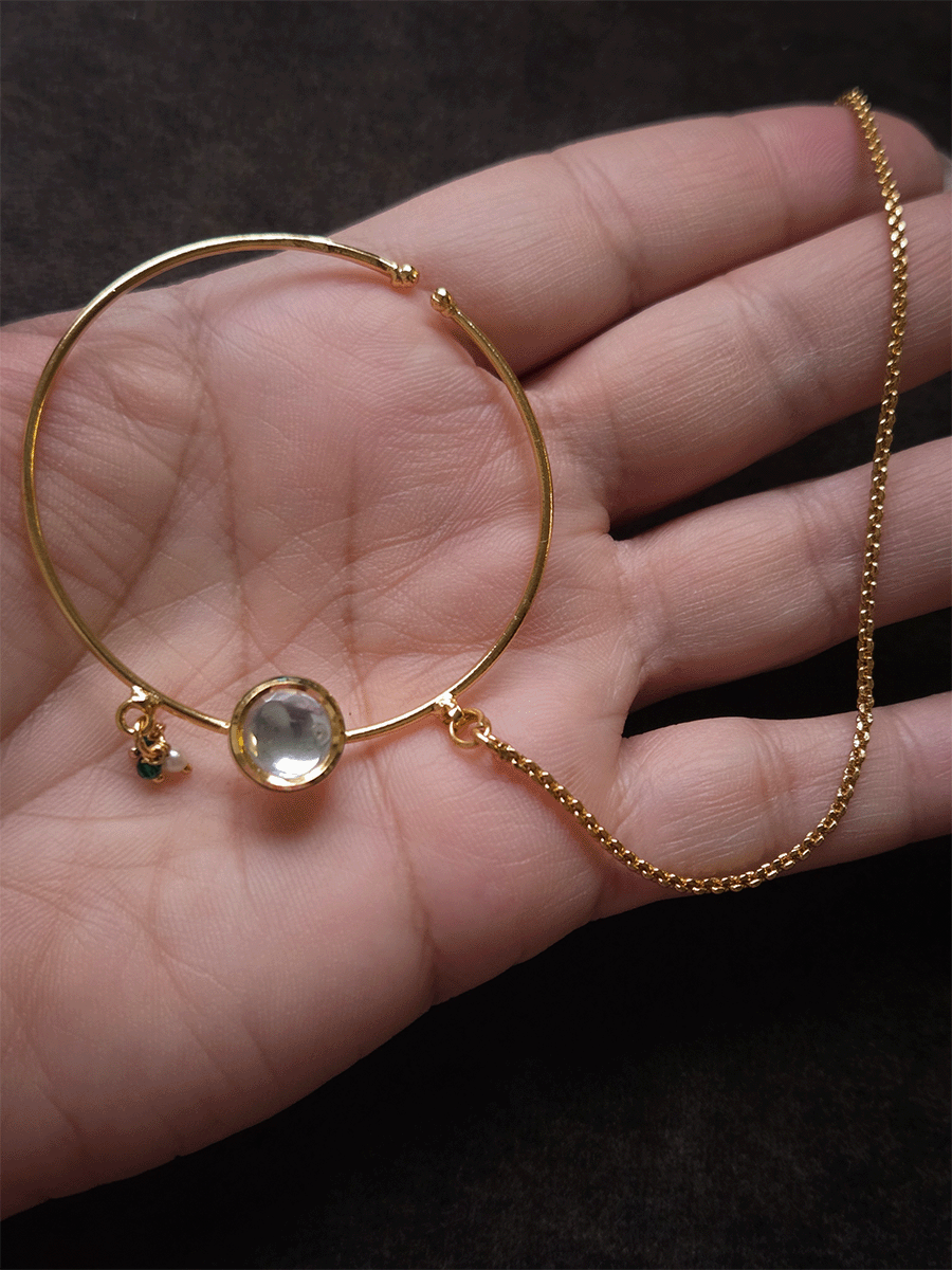 5cm diameter round kundan simple gold ring nath with pearl chain