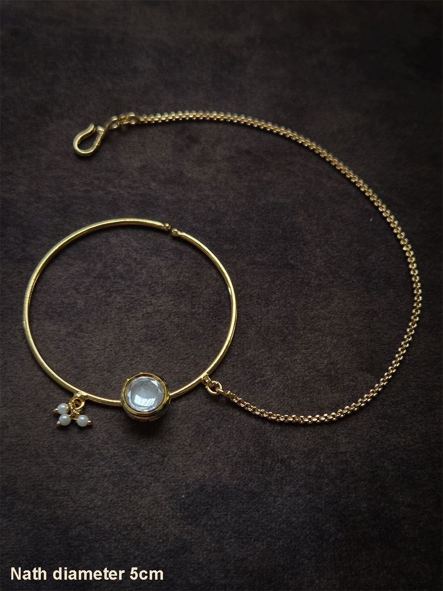 5cm diameter round kundan simple gold ring nath with pearl chain