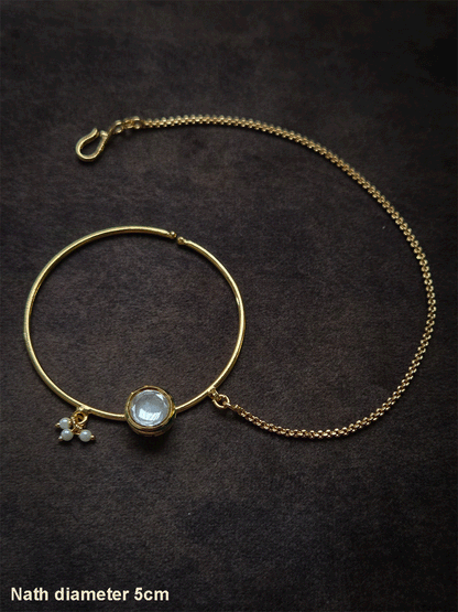 5cm diameter round kundan simple gold ring nath with pearl chain