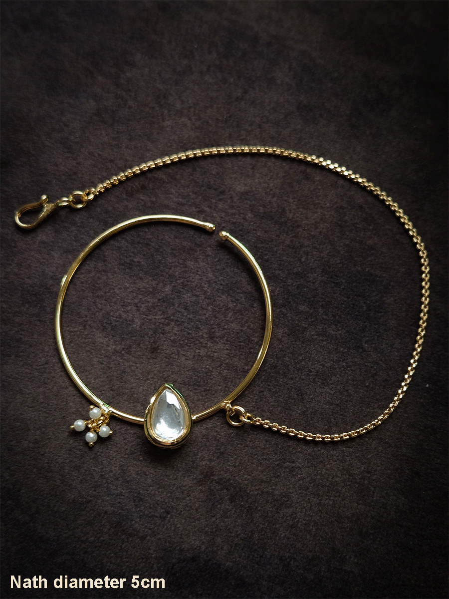 5cm diameter tear drop kundan simple ring gold finish nath