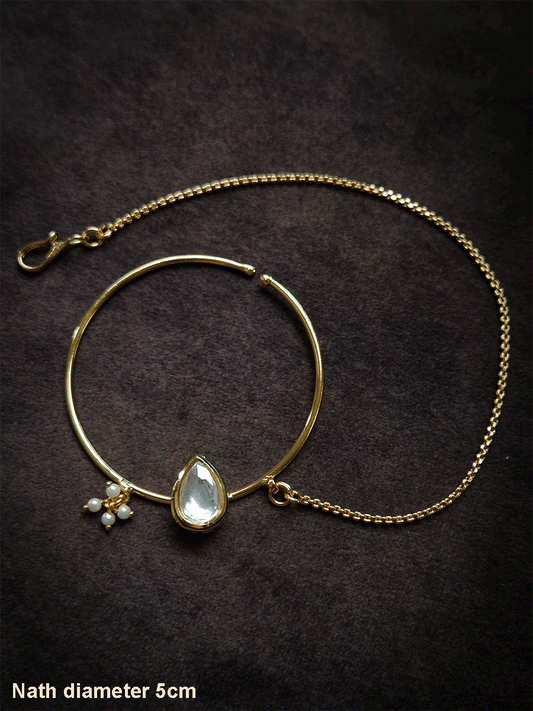 5cm diameter tear drop kundan simple ring gold finish nath