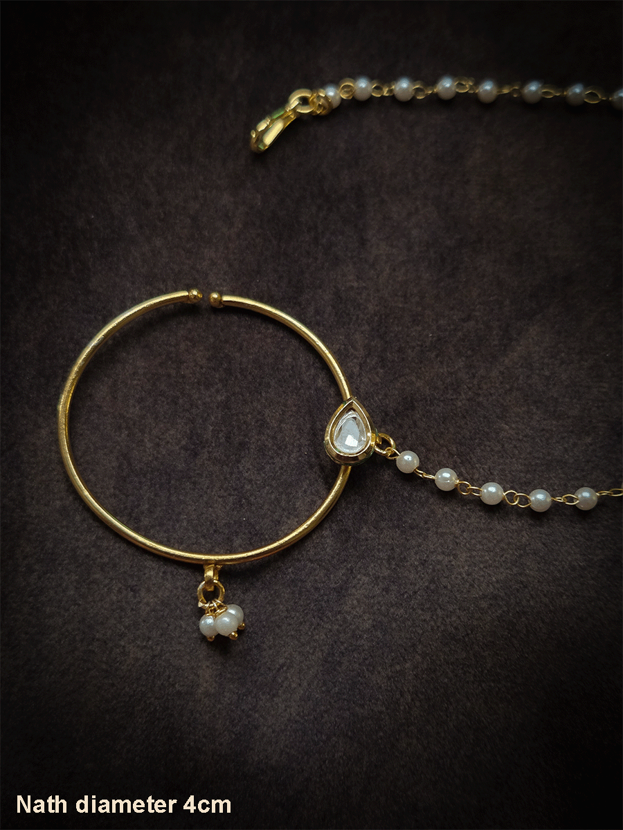 Tear drop kundan simple ring nath with pearl hangings(4cm diameter)