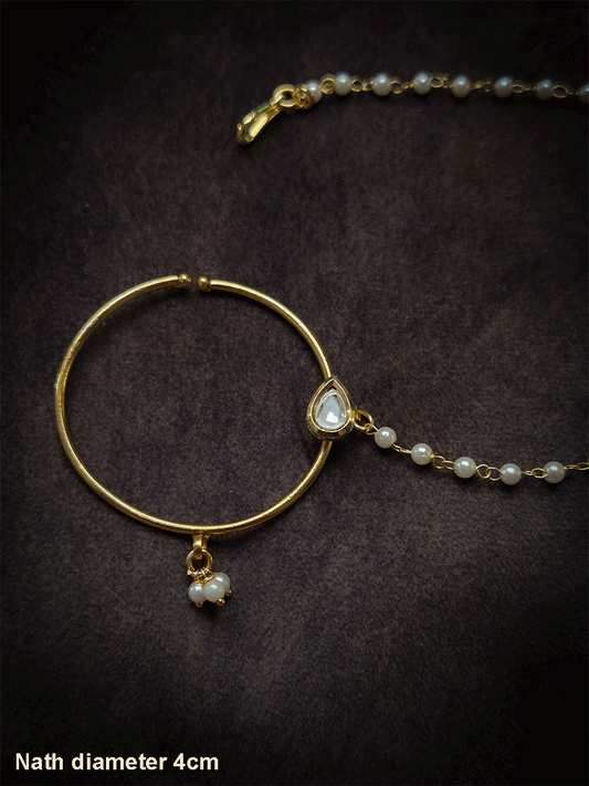 Tear drop kundan simple ring nath with pearl hangings(4cm diameter)