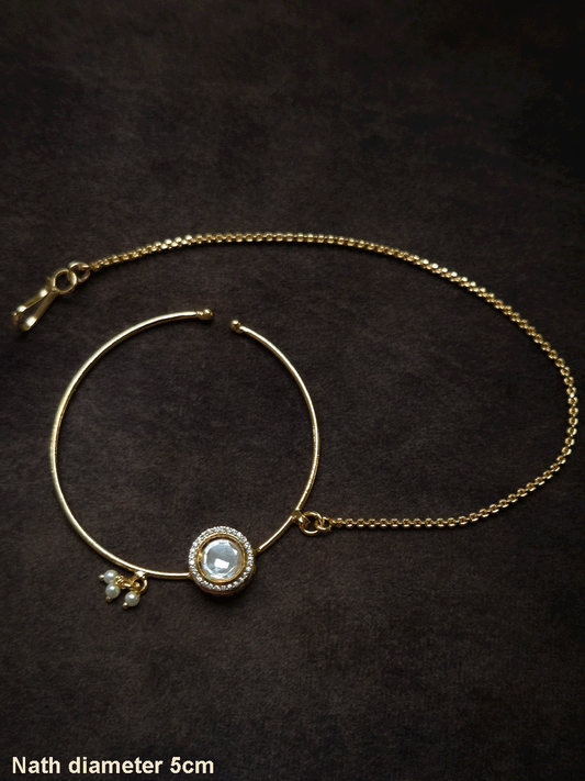 Round kundan with zircon detailing gold finish nath with pearly hangings