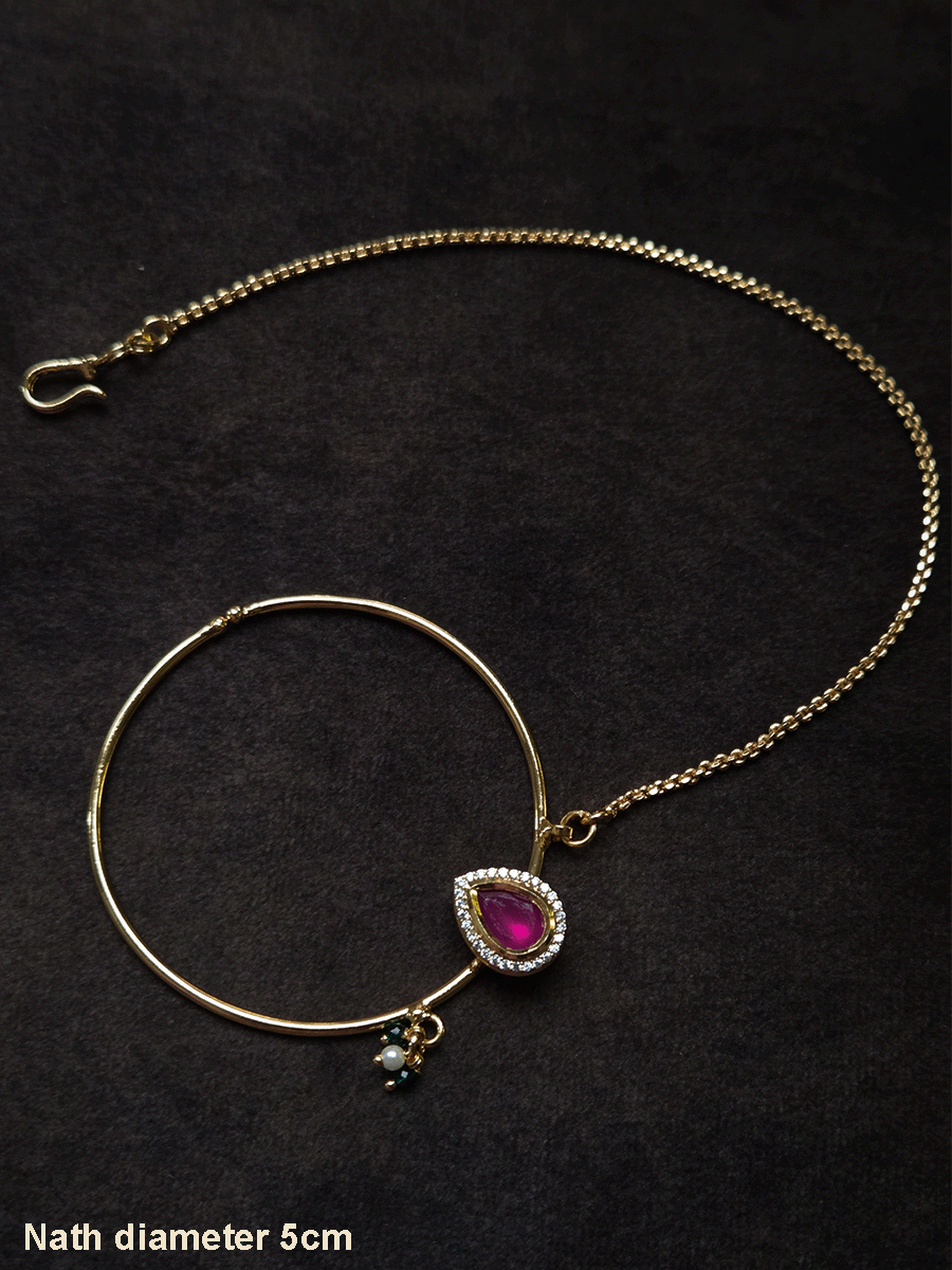 Tear drop ruby stone with zircon detailing gold ring 5cm diameter nath with bead hangings