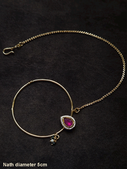 Tear drop ruby stone with zircon detailing gold ring 5cm diameter nath with bead hangings