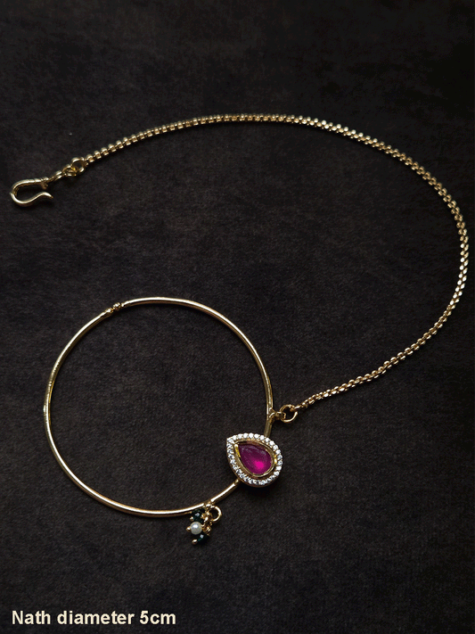Tear drop ruby stone with zircon detailing gold ring 5cm diameter nath with bead hangings