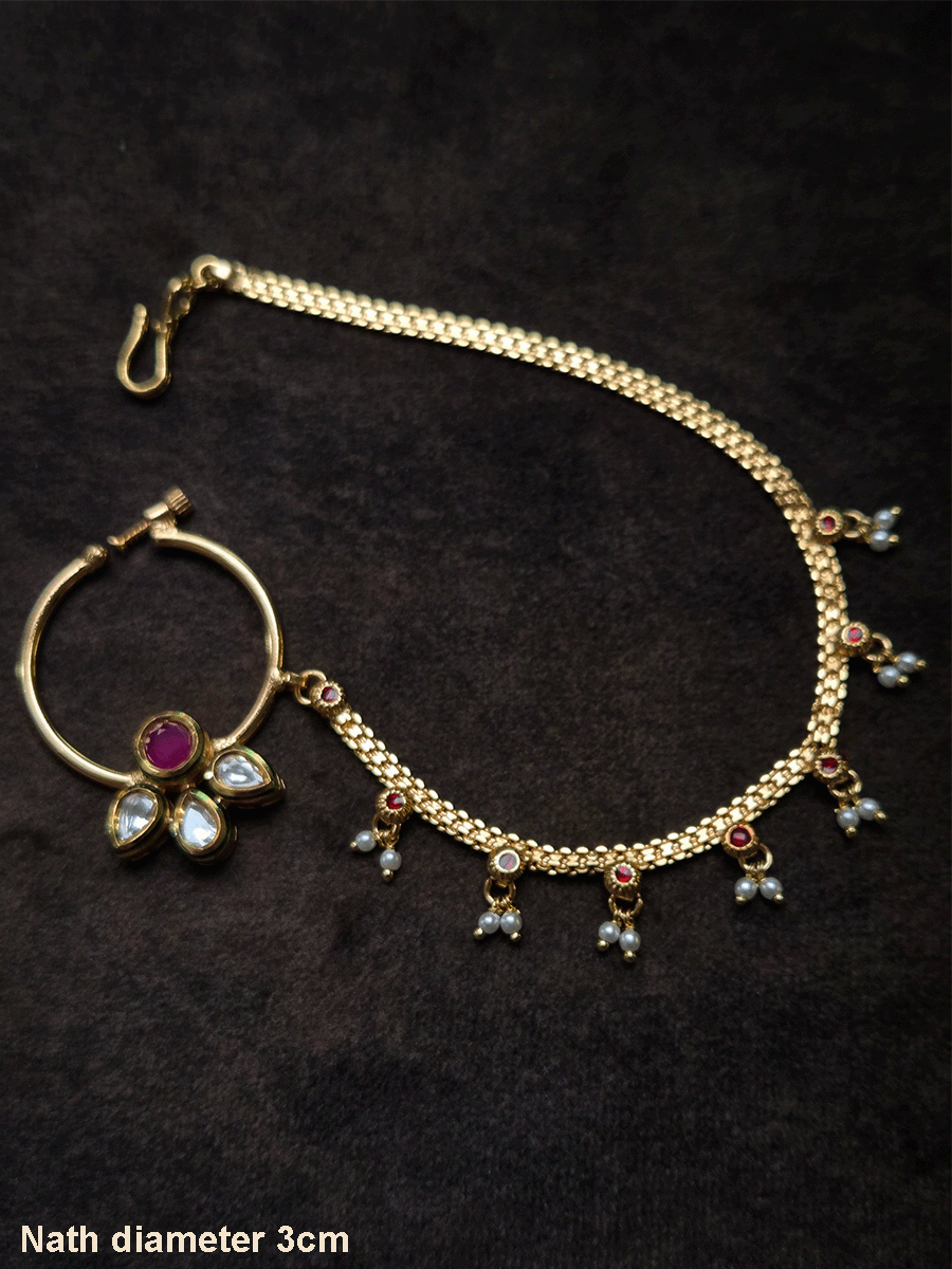 Circular stone with three leaf kundan flower nath with pearly hangings chain