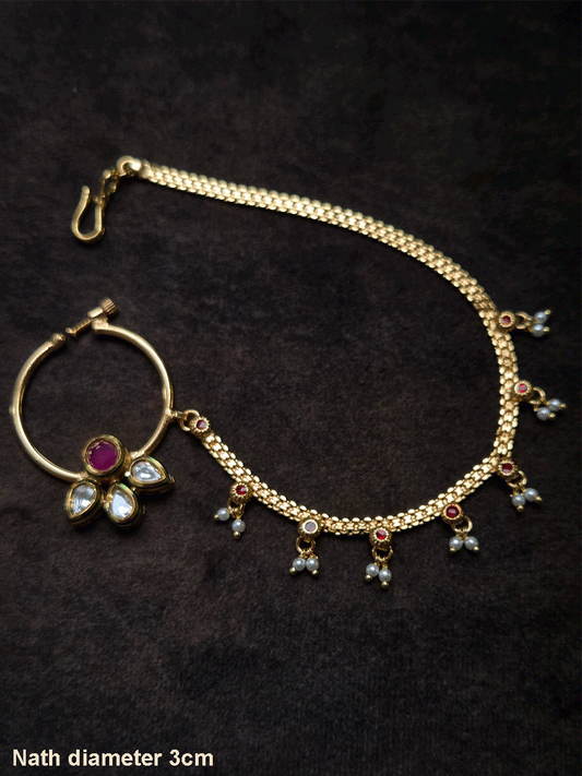 Circular stone with three leaf kundan flower nath with pearly hangings chain