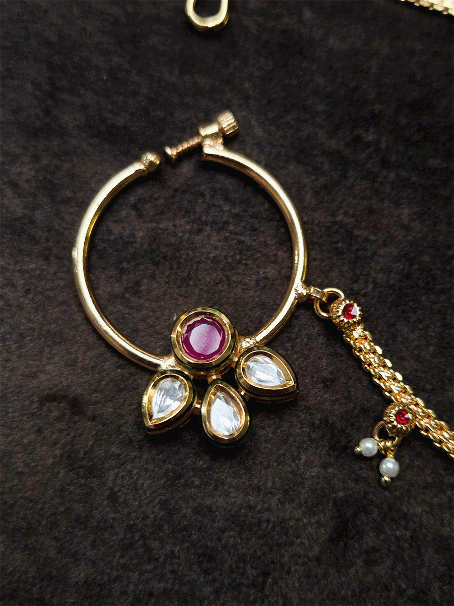 Circular stone with three leaf kundan flower nath with pearly hangings chain