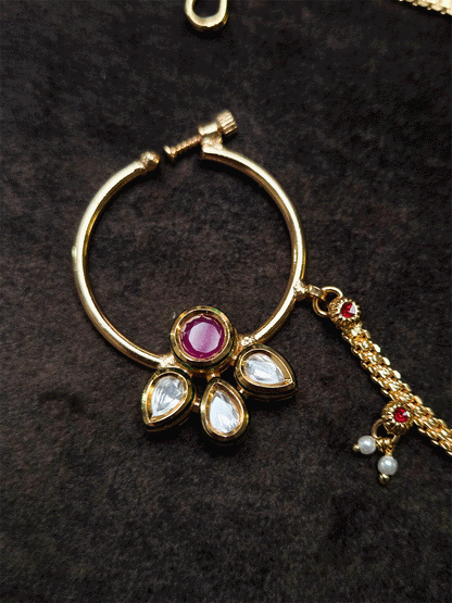 Circular stone with three leaf kundan flower nath with pearly hangings chain