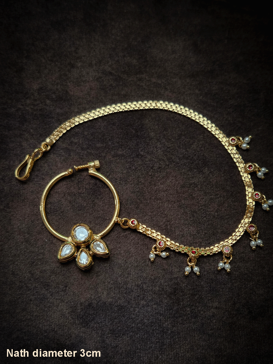 Circular stone with three leaf kundan flower nath with pearly hangings chain