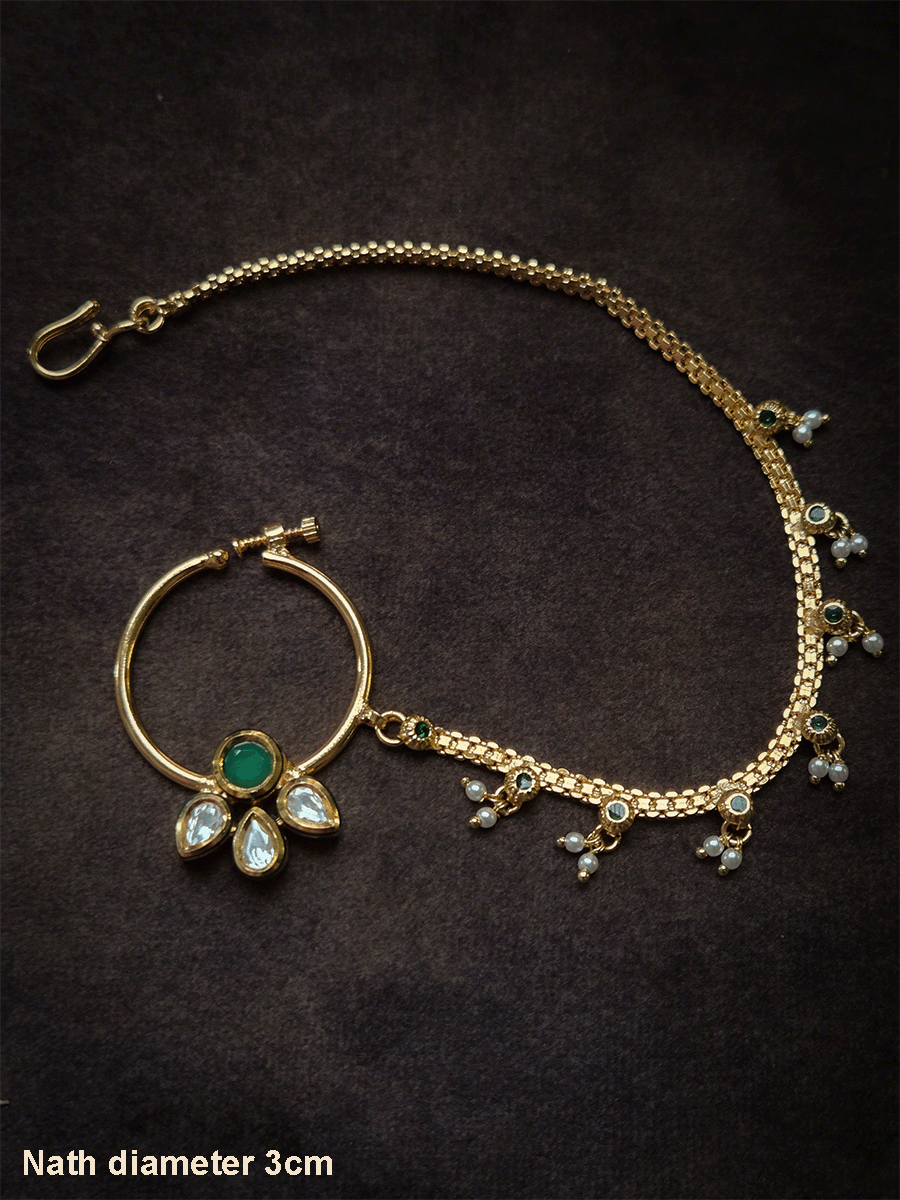 Circular stone with three leaf kundan flower nath with pearly hangings chain