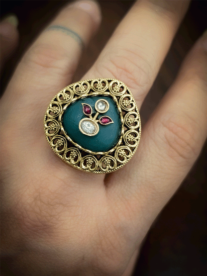 Heart design outline coloured stone kundan inlay work adjustable ring