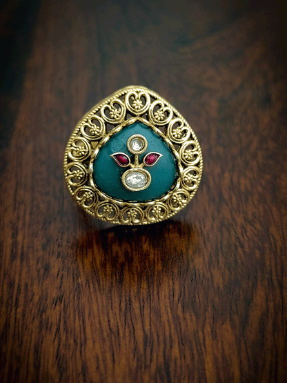 Heart design outline coloured stone kundan inlay work adjustable ring